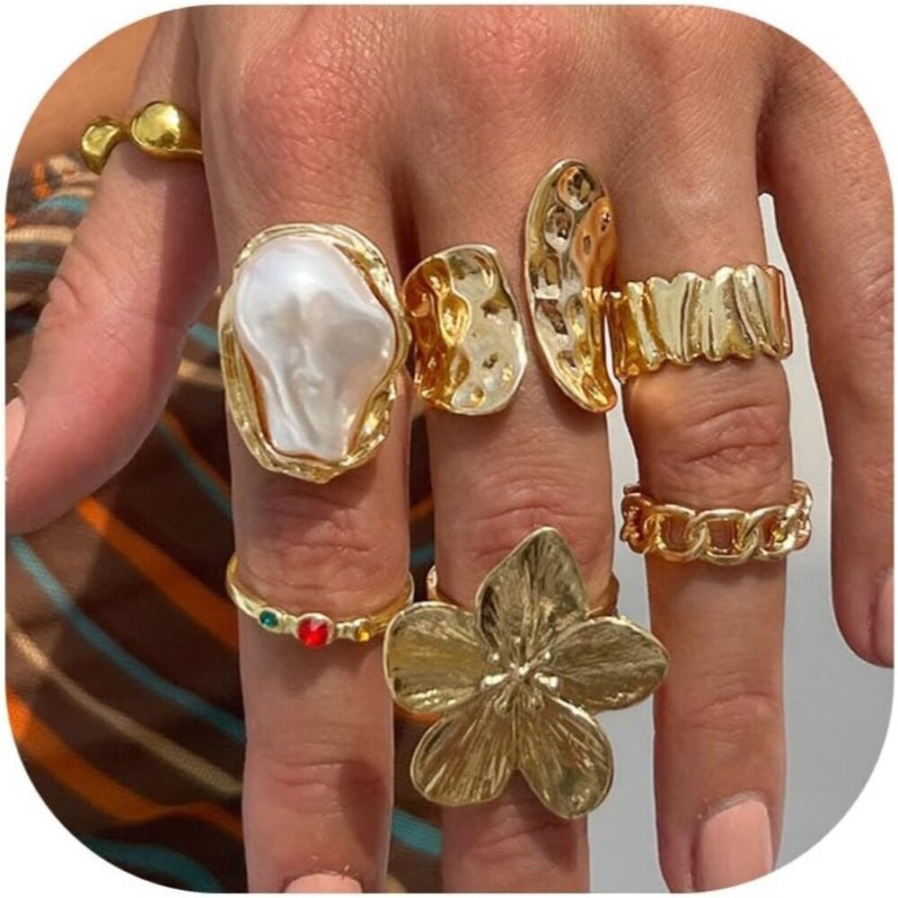 Women Gold Rings Set Pearl Flower Stackable Knuckle Chunky Adjustable Statement